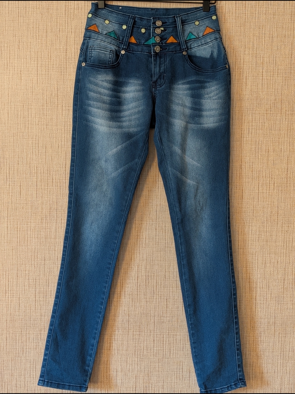 Women's Dark Blue Skinny Jeans with Colorful Embroidery Trim